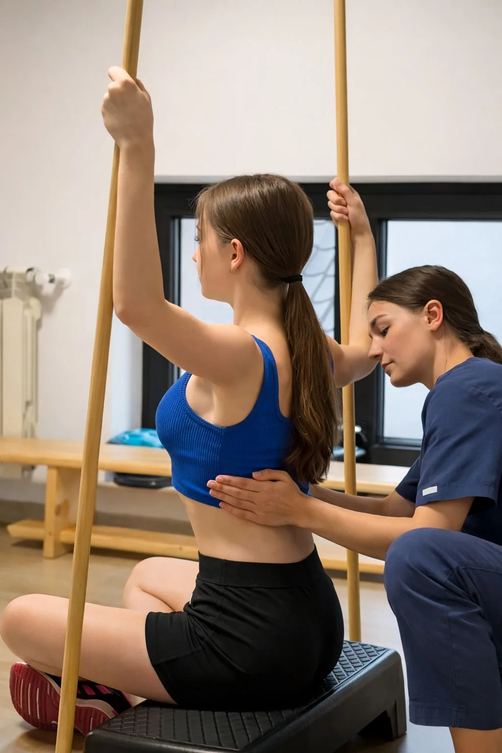 Ședință de Terapia Schroth — kinetoterapeut corectând postura unei paciente cu scolioză la Clinica Medicală TrifMed Fălticeni